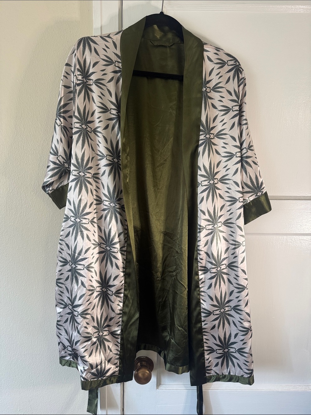 Satin Botanique cannabis Kimono Robe REVERSABLE in Olive Green and White
